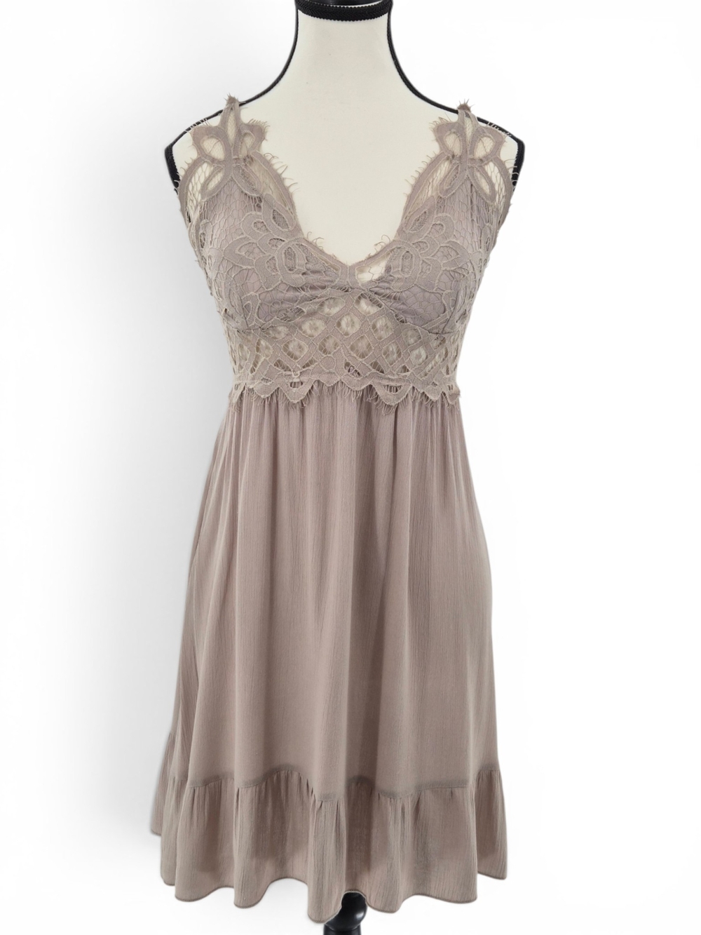 Taupe Lace Crochet Babydoll Mini Dress S Smocked Back Cross Strap Boho Sundress